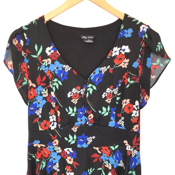 City Chic Black Floral Fit and Glare Dress XS - Picture 4 of 6